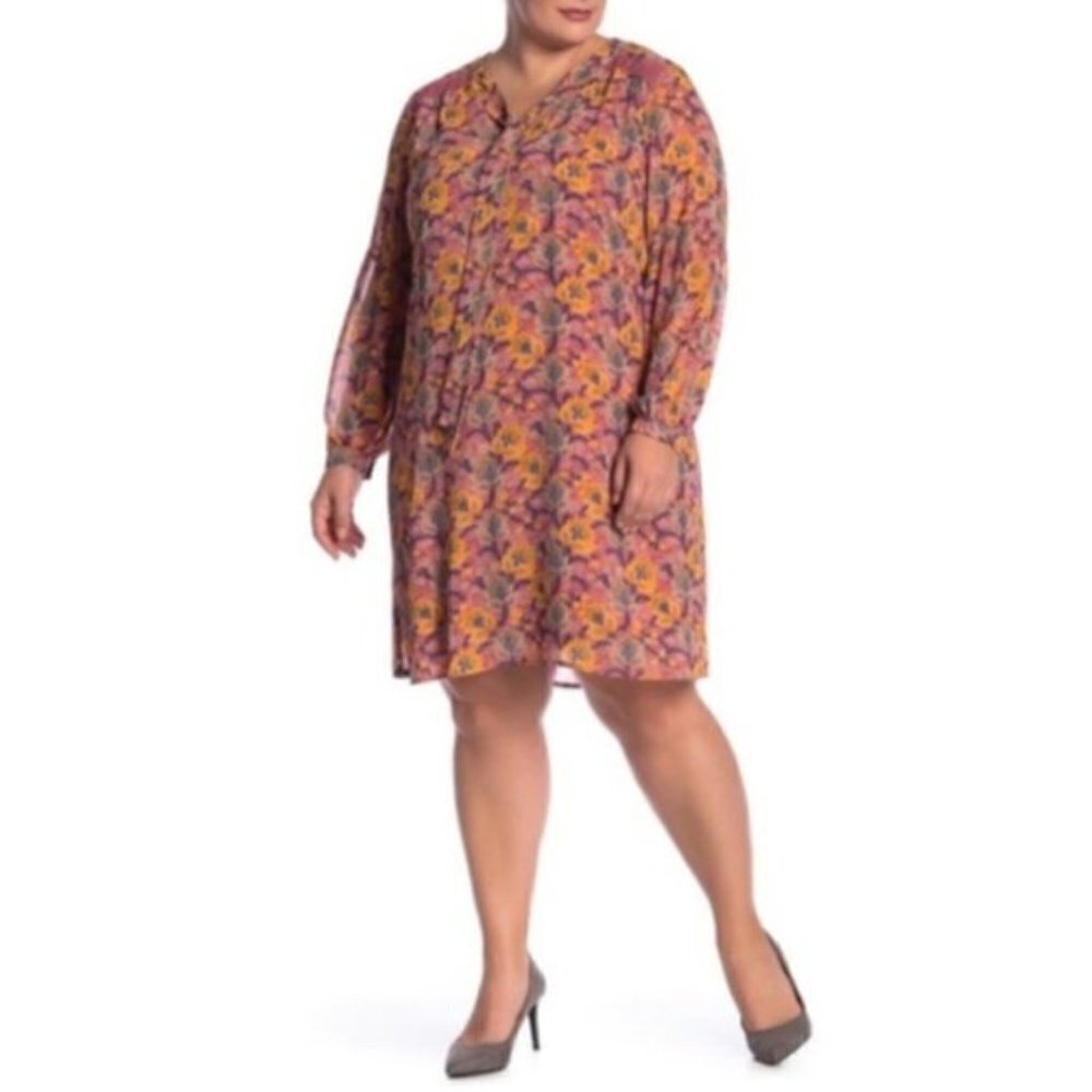 Daniel Rainn Womens Mauve Floral Long Sleeve Chiffon Shift Dress Plus Sz 1X New